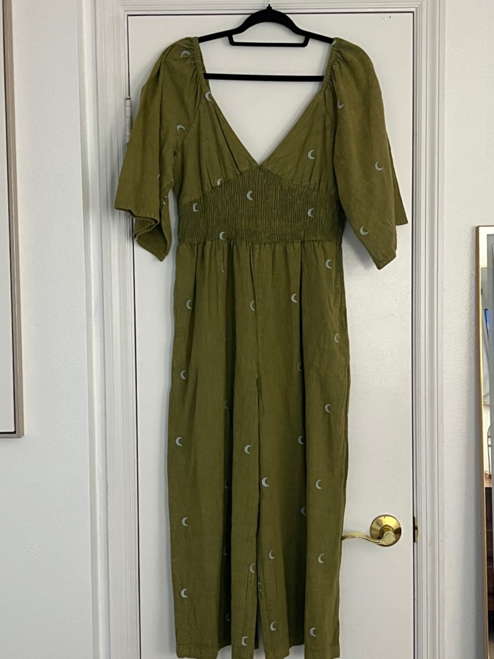 Olive Green V-Neck Jumpsuit with Smocked Waist